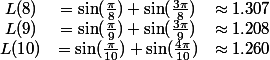 \begin{matrix} L(8) & = \sin(\frac{\pi}{8}) + \sin(\frac{3\pi}{8}) & \approx 1.307\\ L(9) & = \sin(\frac{\pi}{9}) + \sin(\frac{3\pi}{9}) & \approx 1.208\\ L(10) & = \sin(\frac{\pi}{10}) + \sin(\frac{4\pi}{10}) & \approx 1.260 \end{matrix}